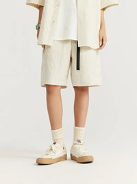 Oversized Jacquard Shirt with Side Pocket & Shorts with Elastic Belt in Cream Color 4