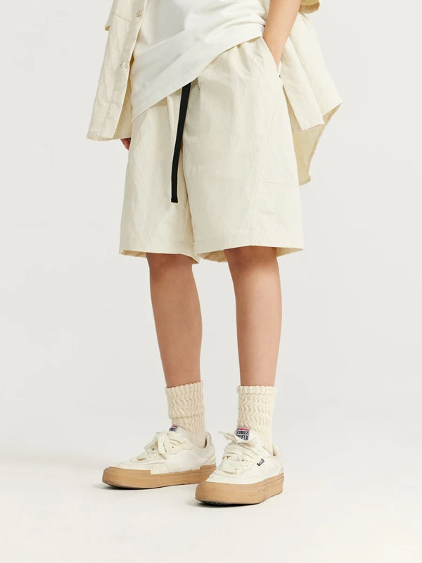 Oversized Jacquard Shirt with Side Pocket & Shorts with Elastic Belt in Cream Color 5