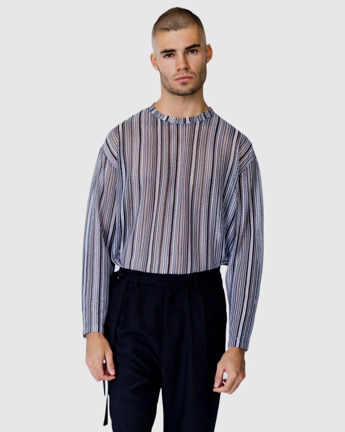 Justin Cassin Chad Sheer Stripe Top in Grey Color