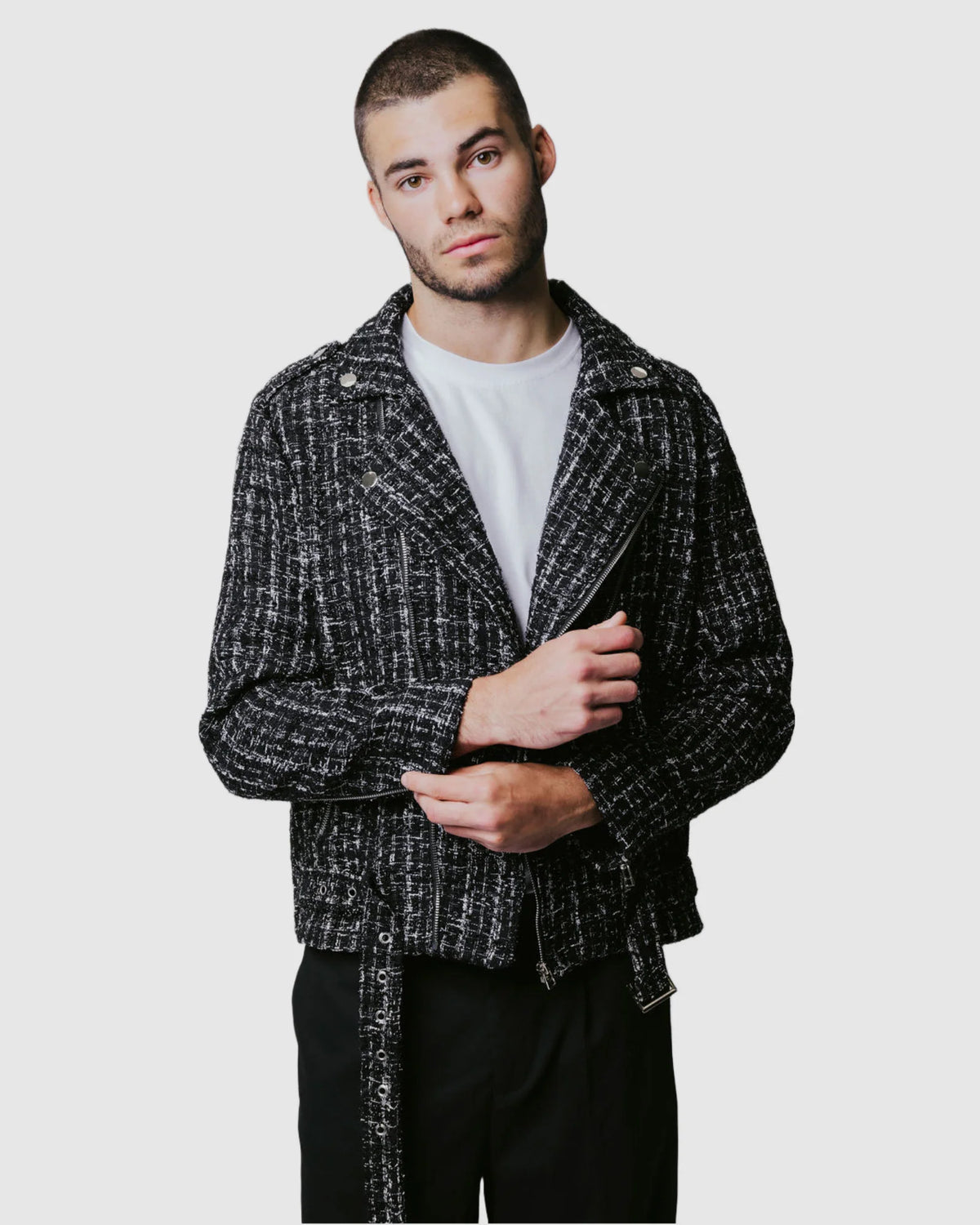 Justin Cassin Ginza Plaid Zip Jacket in Black/White Color