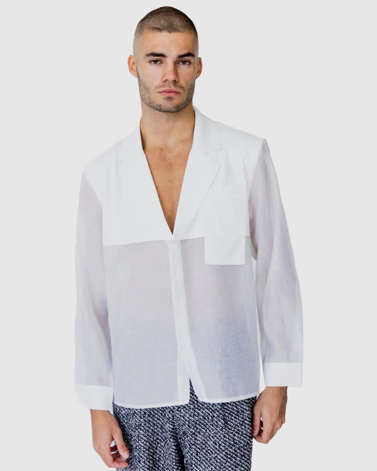 Justin Cassin Isaiah Collared Sheer Shirt in White Color