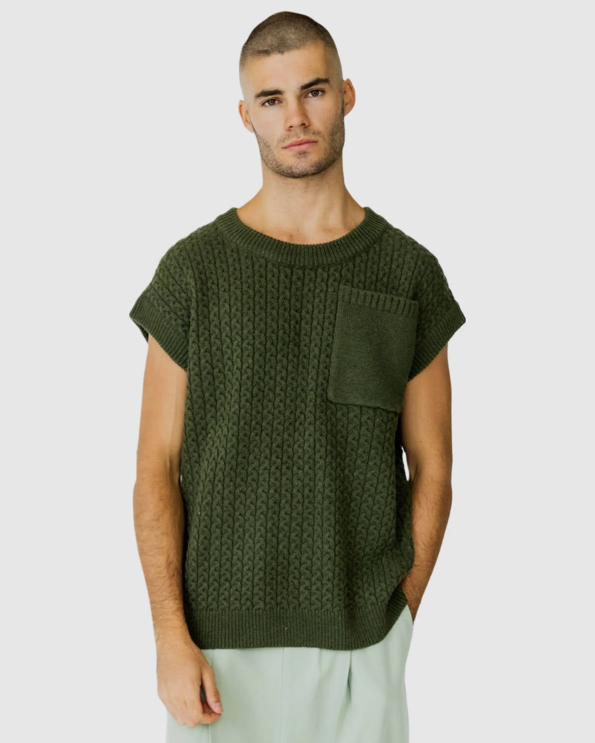 Justin Cassin Mateo Pocket Knitted Vest in Green Color