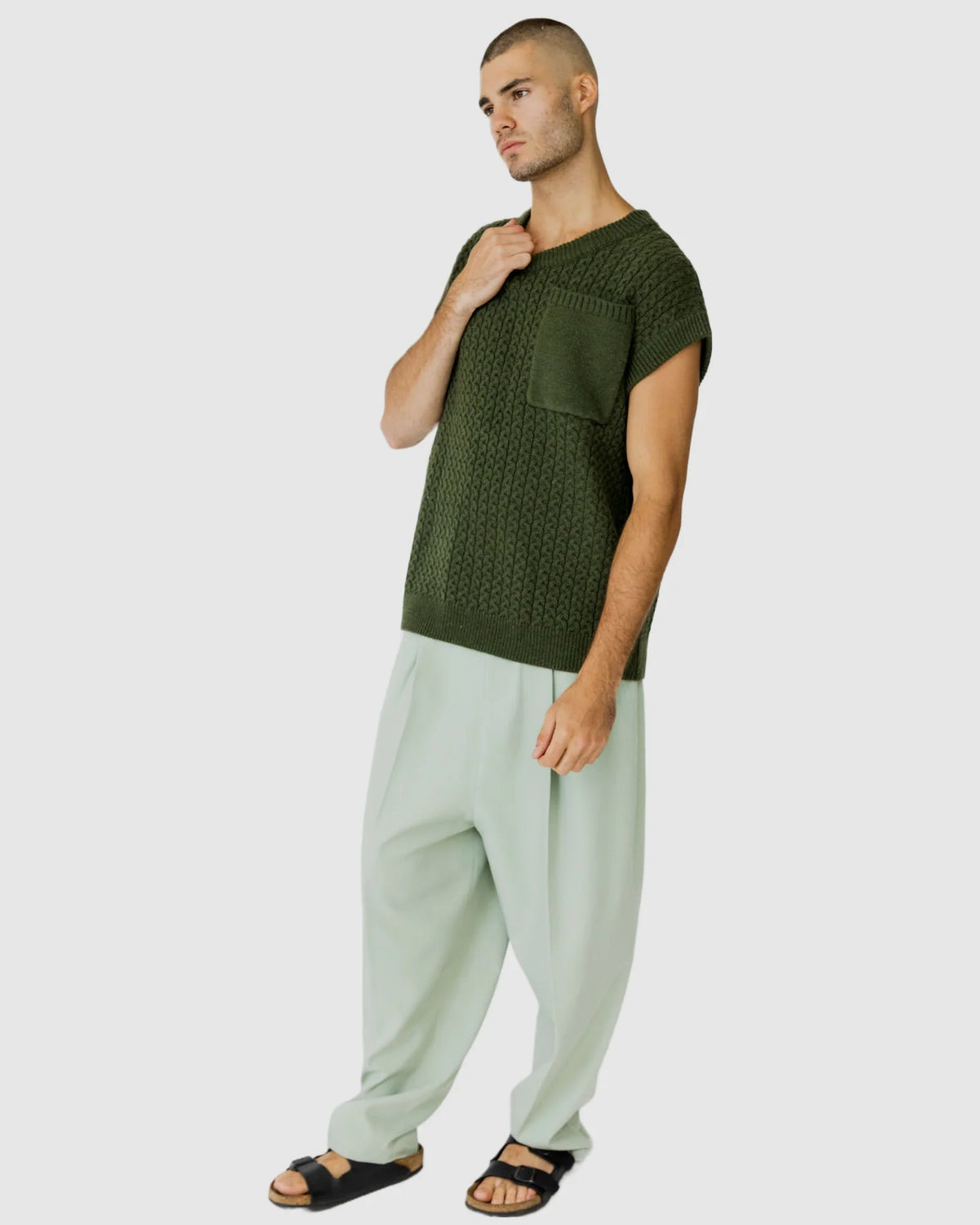 Justin Cassin Mateo Pocket Knitted Vest in Green Color 2