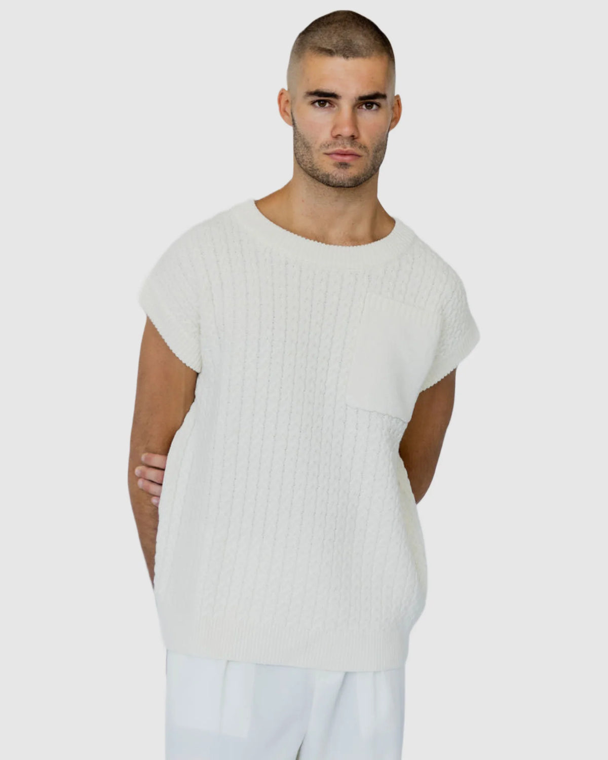 Justin Cassin Mateo Pocket Knitted Vest in White Color