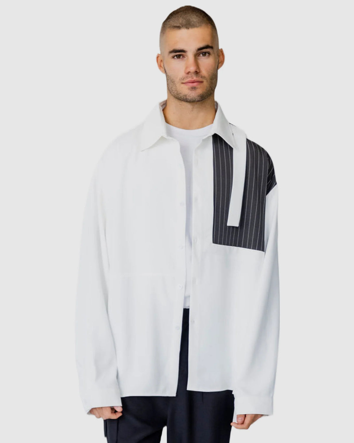 Justin Cassin Tatum Pinstripe Block Shirt in White Color