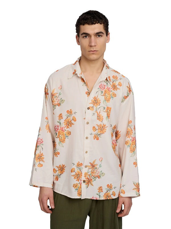 Justin Cassin Aura Floral Open Sleeve Shirt in Beige Color