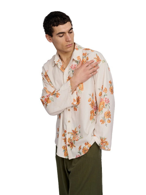 Justin Cassin Aura Floral Open Sleeve Shirt in Beige Color 3