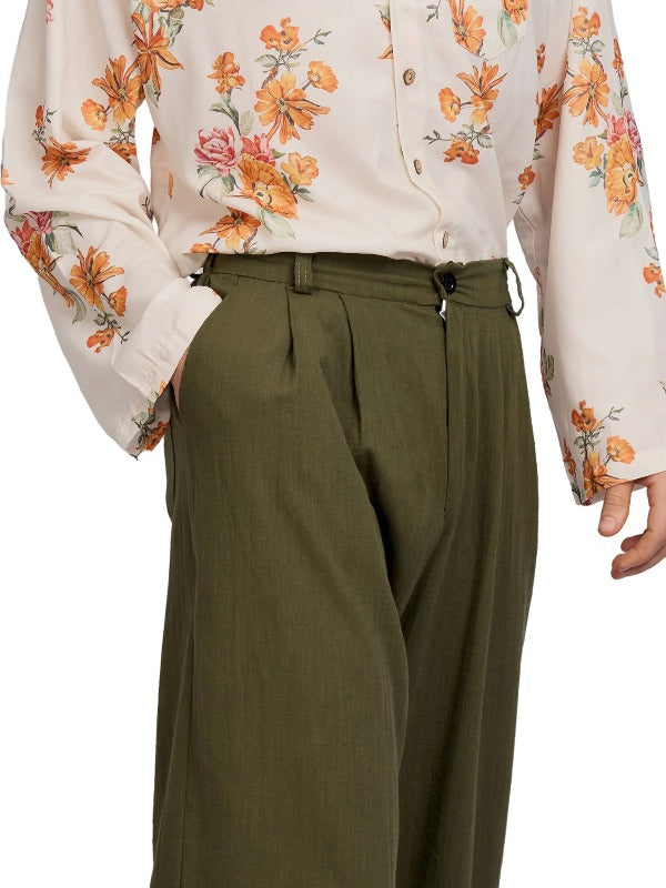 Justin Cassin Patel Linen Wide Trousers in Green Color 5