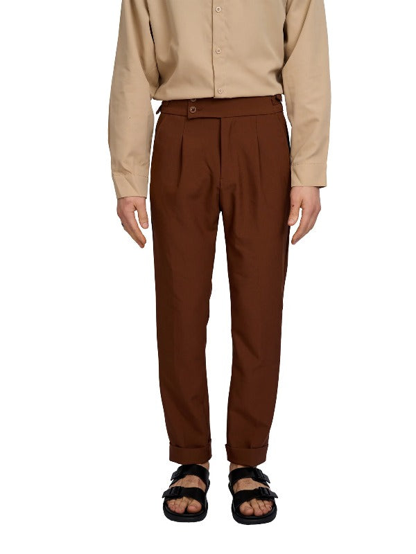 Justin Cassin Vittori High Waist Cropped Pants in Brown Color