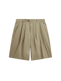 Khaki Cropped Pleated Suit Shorts