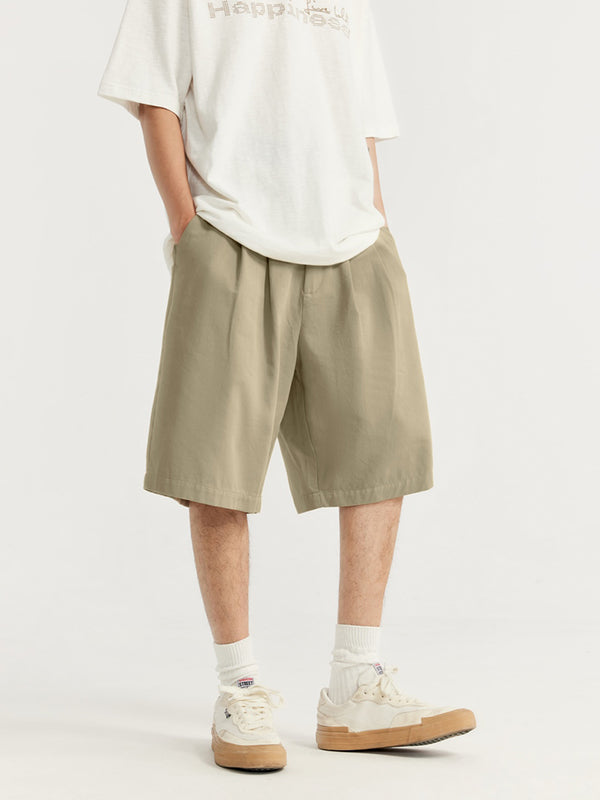 Khaki Cropped Pleated Suit Shorts 6