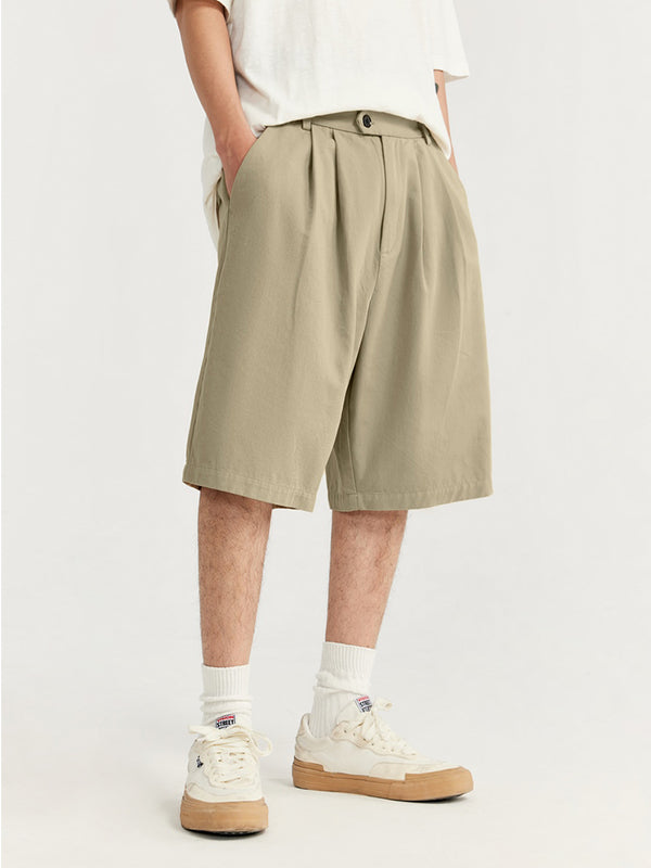 Khaki Cropped Pleated Suit Shorts 7