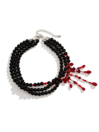 Layered Black Pearl Necklace with Red Beads