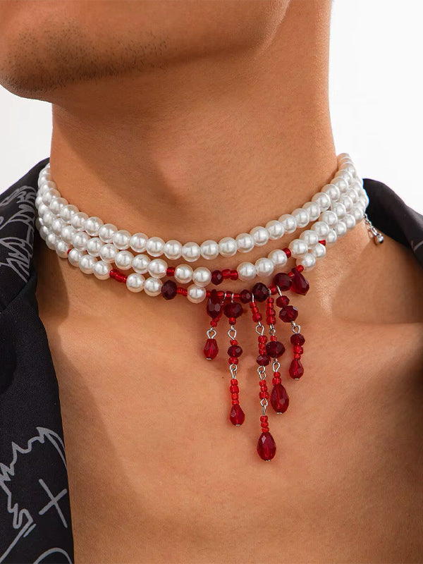 Layered White Pearl Necklace with Red Beads 2