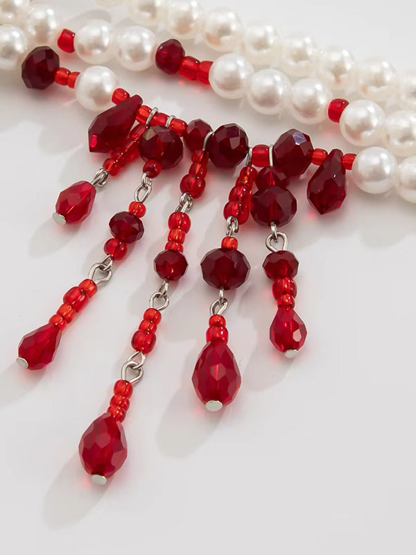 Layered White Pearl Necklace with Red Beads 3