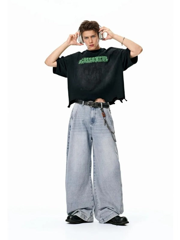 Light Blue Washed and Distressed Machete Baggy Jeans 3