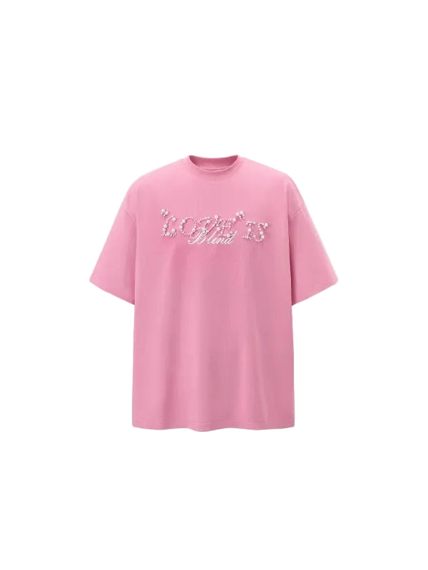 Love Is Blind Beaded Lettering Oversized T-Shirt in Candy Pink Color