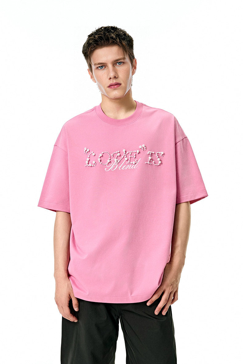 Love Is Blind Beaded Lettering Oversized T-Shirt in Candy Pink Color 3