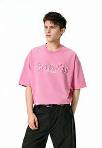 Love Is Blind Beaded Lettering Oversized T-Shirt in Candy Pink Color 4