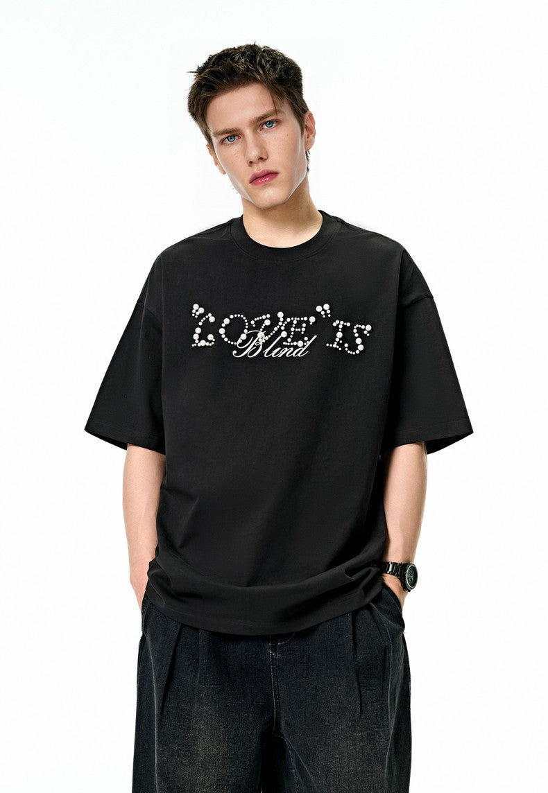 Love Is Blind Beaded Lettering Oversized T-Shirt in Chocolate Black Color 2