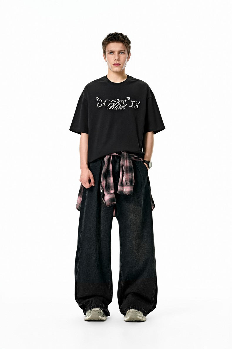 Love Is Blind Beaded Lettering Oversized T-Shirt in Chocolate Black Color 4