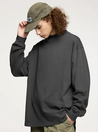 Mock Neck Long Sleeve T-Shirt in Dark Grey Color