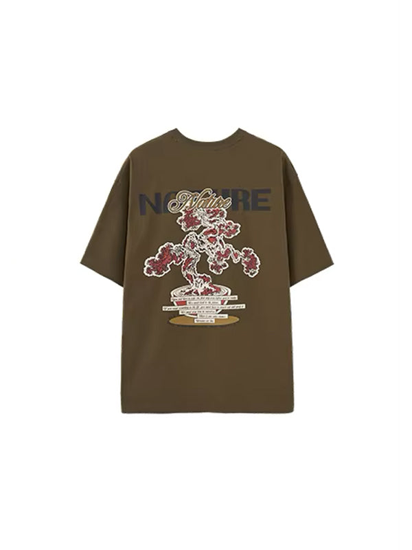 "Nature" Bonsai Plant Crack Print T-Shirt in Olive Green Color 2