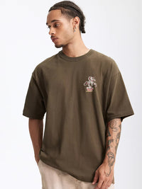 "Nature" Bonsai Plant Crack Print T-Shirt in Olive Green Color 4