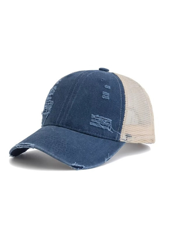 Navy Blue Distressed Curved Brim Trucker Cap