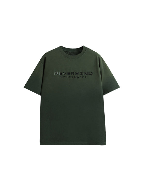 "Nevermind" Rubber Print Gradient Washed Distressed T-Shirt in Green Color