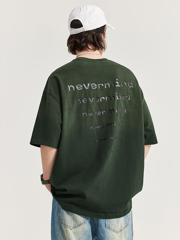"Nevermind" Rubber Print Gradient Washed Distressed T-Shirt in Green Color 4