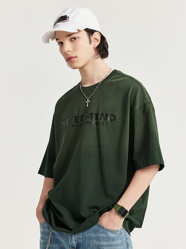 "Nevermind" Rubber Print Gradient Washed Distressed T-Shirt in Green Color 5