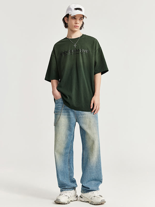 "Nevermind" Rubber Print Gradient Washed Distressed T-Shirt in Green Color 6