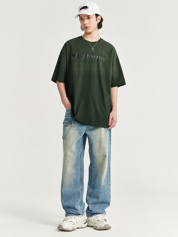 "Nevermind" Rubber Print Gradient Washed Distressed T-Shirt in Green Color 7