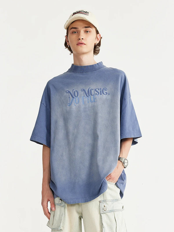 No Music No Life Washed T-Shirt in Blue Color  5