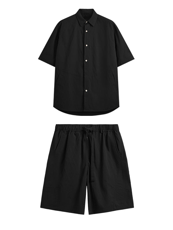 Oversized Jacquard Shirt with Side Pocket & Shorts with Elastic Belt in Black Color