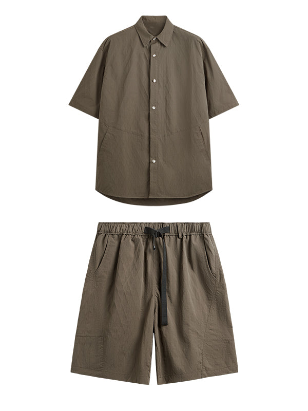 Oversized Jacquard Shirt with Side Pocket & Shorts with Elastic Belt in Brown Color