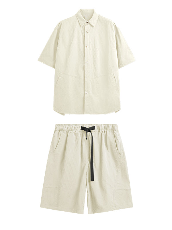 Oversized Jacquard Shirt with Side Pocket & Shorts with Elastic Belt in Cream Color