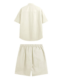Oversized Jacquard Shirt with Side Pocket & Shorts with Elastic Belt in Cream Color