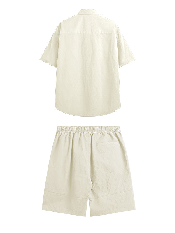Oversized Jacquard Shirt with Side Pocket & Shorts with Elastic Belt in Cream Color