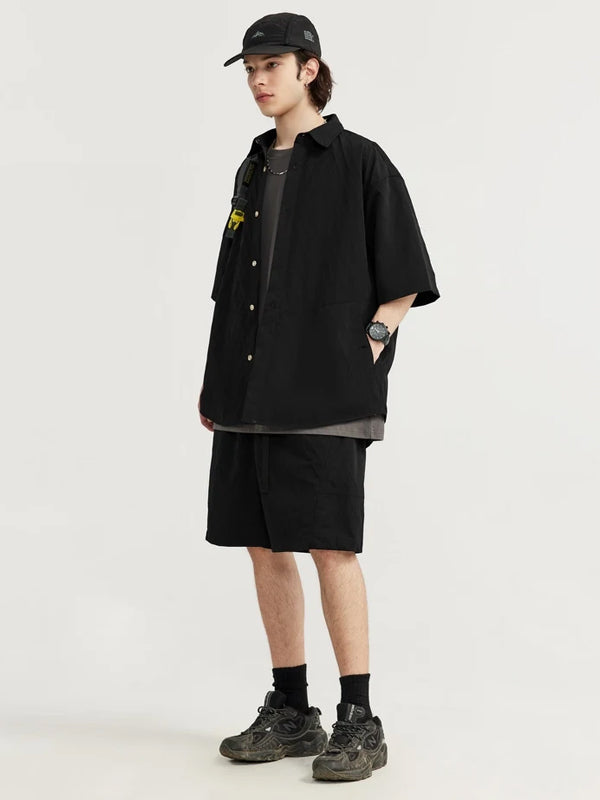 Oversized Jacquard Shirt with Side Pocket & Shorts with Elastic Belt in Black Color 2