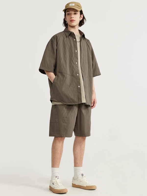 Oversized Jacquard Shirt with Side Pocket & Shorts with Elastic Belt in Brown Color 2