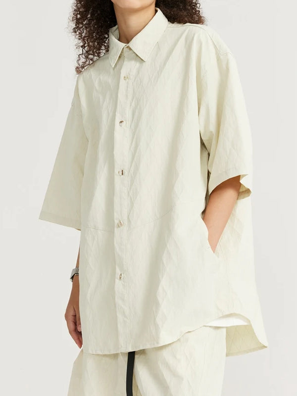 Oversized Jacquard Shirt with Side Pocket & Shorts with Elastic Belt in Cream Color 2