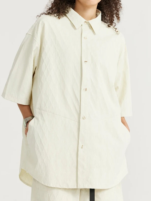 Oversized Jacquard Shirt with Side Pocket & Shorts with Elastic Belt in Cream Color 3