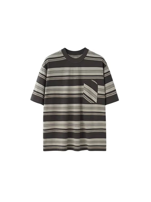 Oversized Striped Pocket T-shirt in Dark Grey Color