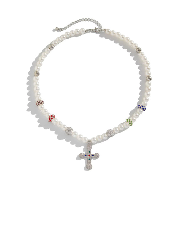 Pearl With Colorful Beads Cross Pendant Necklace