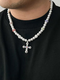 Pearl With Colorful Beads Cross Pendant Necklace 2