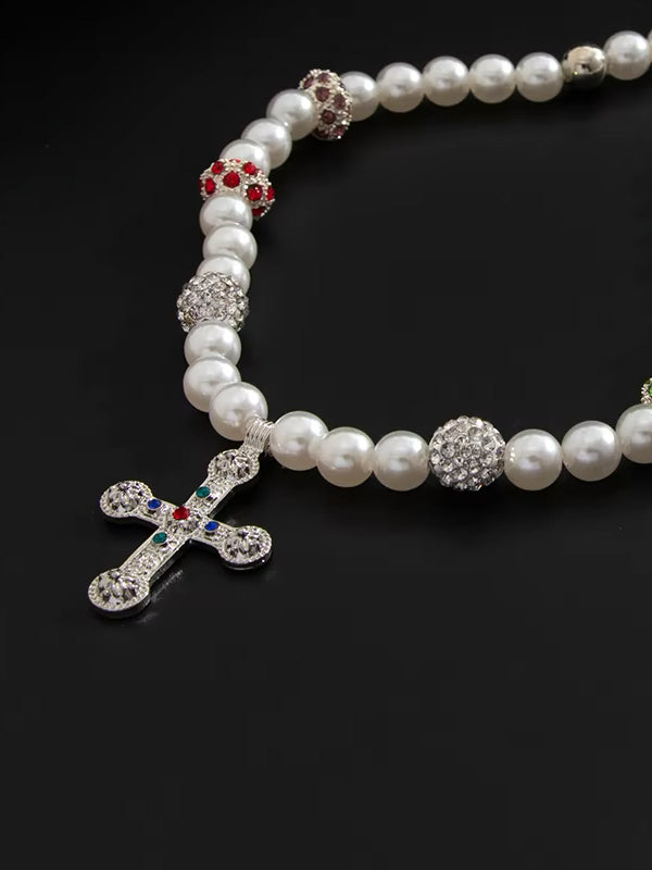 Pearl With Colorful Beads Cross Pendant Necklace 3