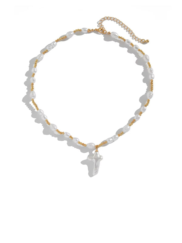 Pearl & Gold Beads Cross Necklace