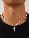 Pearl & Gold Beads Cross Necklace 2